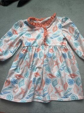 Seashell Print Long Sleeve Baby Dress - Coral & Aqua